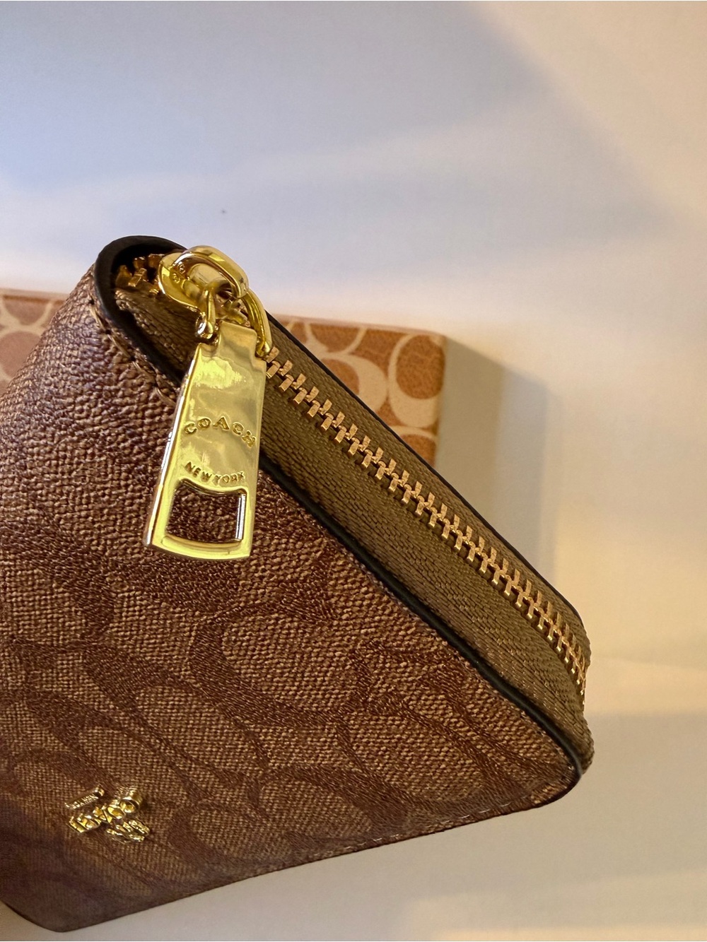 Coach Signature Monogram Zip Wallet in Brown with Gold Hardware